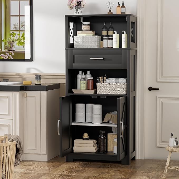55" Tall Kitchen Pantry Cabient with 2 Microwave Stands, Farmhouse Pantry Storage Cabinet with Barn Doors and Large Drawer, Rustic Freestanding Cupboard for Kitchen and Dining Room (Black)