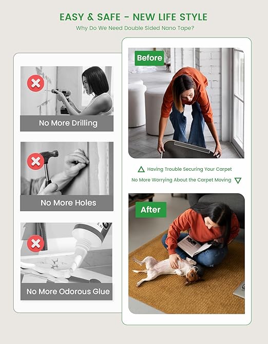 Double Sided Tape Heavy Duty, Double Sided Mounting Nano Tape 16.4FT, Clear & Tough Two Sided Adhesive Tape, Removable Picture Hanging Strips for Wall, Poster, Carpet, Home Office, 2 Pack