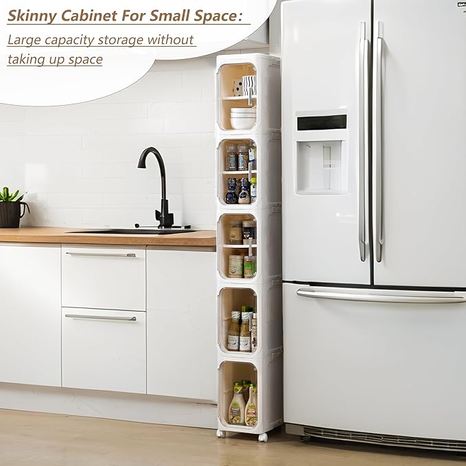 5-Tier Narrow Storage Cabinet Slim Bathroom Storage Cabinet with Movable Wheels Tall Bathroom Organizer Skinny Cabinet for Small Spaces,Beige