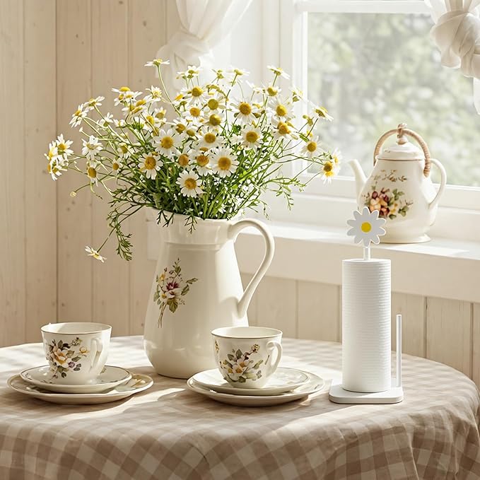 Leinuosen White Daisy Paper Towel Holder Coquettish Cute Wooden Daisy Kitchen Paper Towel Holder Bathroom Countertop Accessories Kitchen Roll Stand Organizer Standing Apartment Decor Housewarming Gift