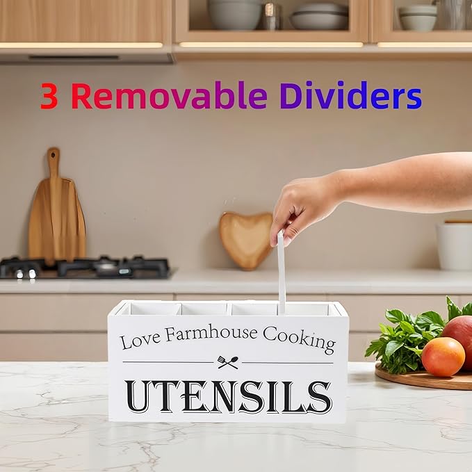 Kitchen Utensil Holder,Farmhouse Wooden Utensil Holder For Kitchen Counter,Extra Large Cooking Spatula Organizer,Big Storage With 4 Compartments Flatware Spoon Tool Cutlery(White)