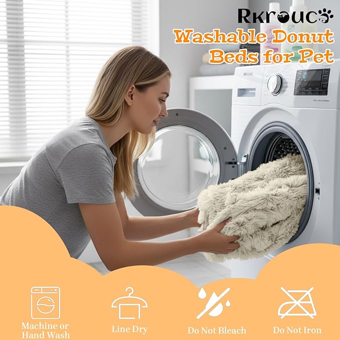 Fluffy Dog Bed Calming Donut Beds for Large Dogs Warming Round Small Medium Pet Nest Cozy Cat Mattress Indoor Washable Puppy Kennel Kittens Sleep Mat (S, 23.6×23.6 inch, Khaki)