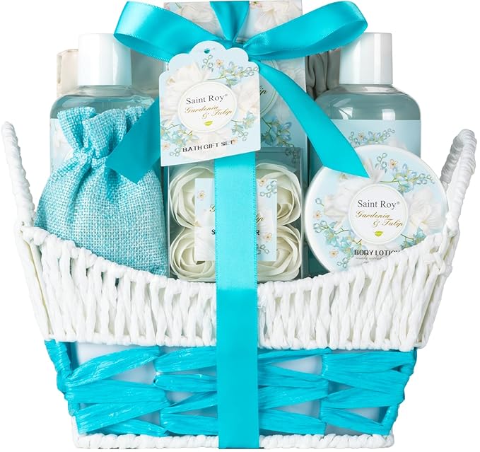 8 Pcs Bath & Body Gift Basket, Gardenia Tulip Gifts for Mom Spa Gift Set for Women, Self-Care Relaxation Gift, Home Spa, Spa Kit w/ Mini Bag Cute Wallet, Birthday, Christmas, Mother Day, Anniversary