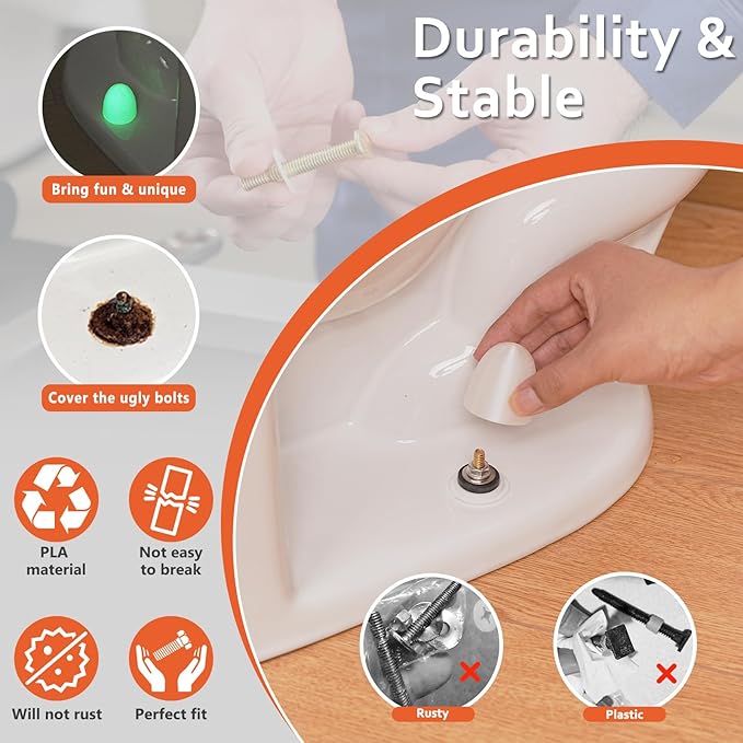 Toilet Floor Bolts and Glow in The Dark Bolt Covers Kit – 2 Pack Brass T-Bolts with Washers, Nuts & PLA Caps – Universal Toilet Mounting Kit for Decorative Installation