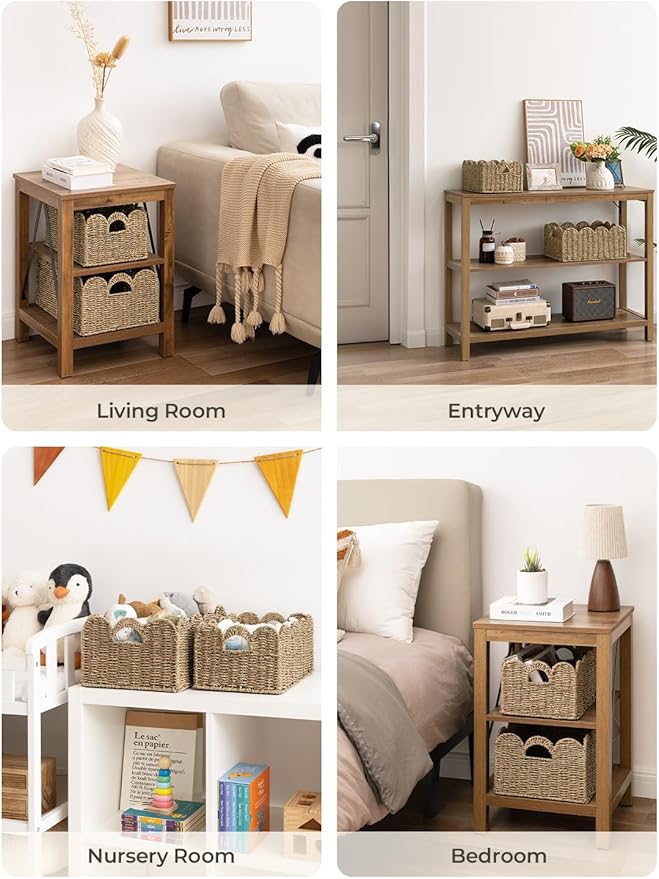StorageWorks Scalloped Wicker Basket, Woven Baskets for Storage, Rattan Baskets with Handles, Paper Rope Basket for Organizing and Decor, 2 Pack