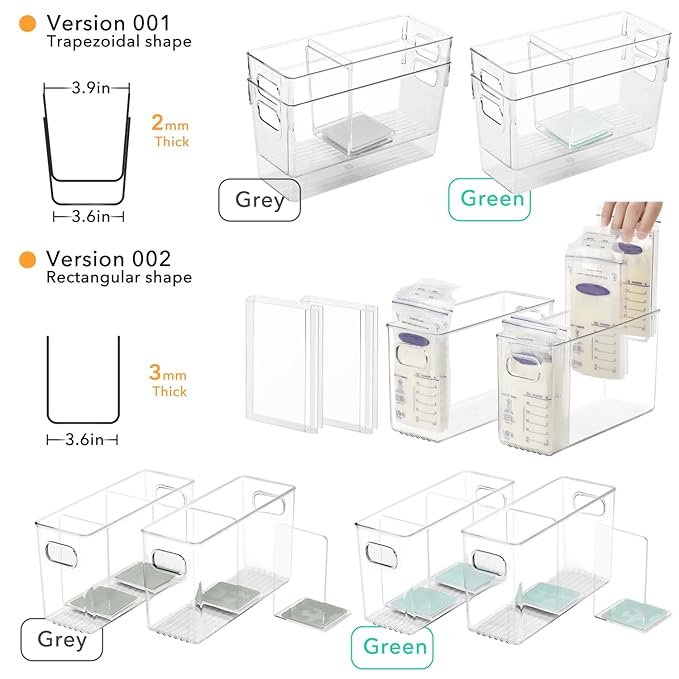 Breastmilk Storage Container with L Shaped Separator Boards, Dividers Will Flatten Standing Breast Milk Bags in Organizer Bins Save Refrigerator Space | 2 Containers-Gray
