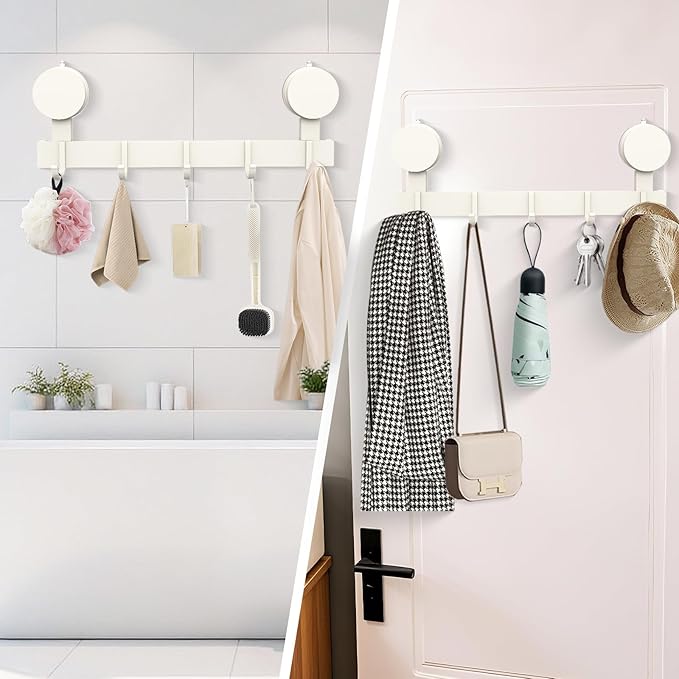 Coat Rack Walls Mount with 5 Hooks, Strong Suction Cup Hooks, Towel Rack No Drill Without Damage Wall Hanging Organizer for Bathrooms, Closets, Kitchen, Entryway(2 Pack, White)
