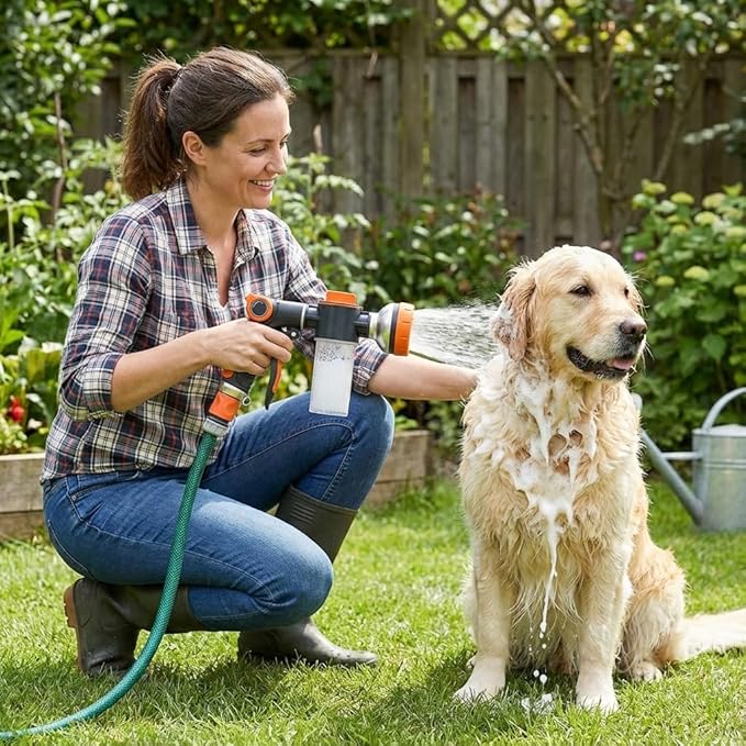 Dog Washing Hose Attachment, 8-in-1 Sprayer Hose Nozzle with Soap Dispenser for Dog Showering, Watering Flowers, Car Washing (Nozzle Only)