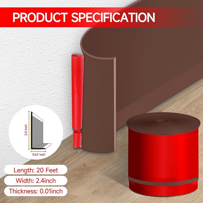 Flexible Baseboard Molding Trim 3 Inch(W) x 20 Feet(L) Self Adhesive Vinyl Wall Base Peel and Stick Cove Base,Rubber Wall Base. (Brown)