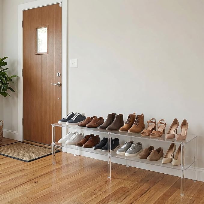 2 Tier Acrylic Long Shoe Shelf Clear Acrylic Shoe Organizer, 42.5" L x 11.8" W x 12.2" H, Holds 10 to 12 Pairs for Heels, Sneakers, Flats in Closet, Entryway, Bedroom, Easy Assembly & Clean