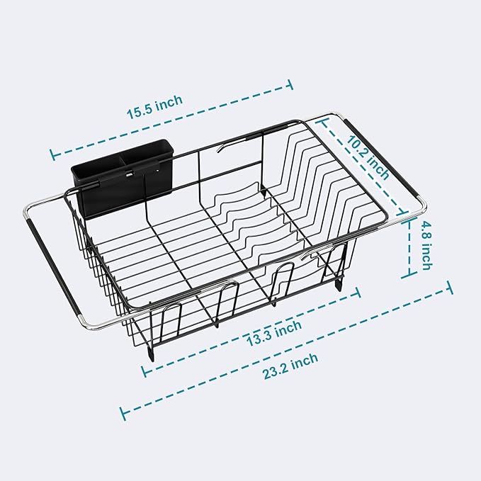Dish Drying Rack Over the Sink In Stainless Steel Black Expandable Drainer for Small Kitchen, Counter Space Saving Compact Inside Sink Plate Dryer, Adjustable Hanging Metal Wire Strainer Drain Holder