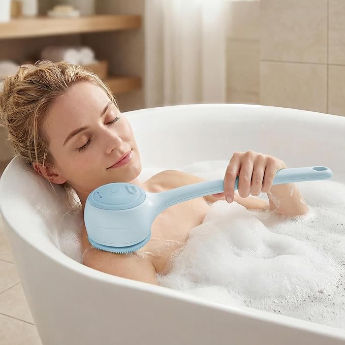 Electric Body Brush Back Scrubber for Shower,5 Replaceable Heads and Hook,Waterproof Long Dual Handle Power Body Scrubber 2 Speeds, for Cleansing Body, Exfoliating and Massaging Skin.
