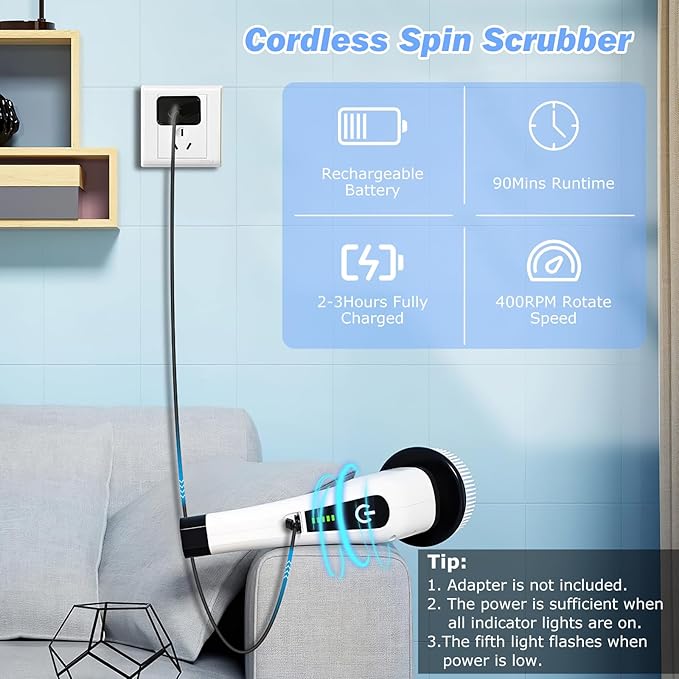 Electric Spin Scrubber, IPX7 Waterproof Cordless Cleaning Brush with 8 Replaceable Brush Heads, 2 Speed Shower Scrubber with Long Handle for Bathroom Tub Tile Floor