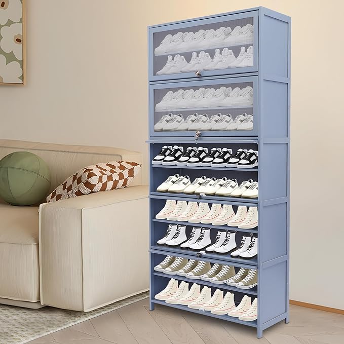 Bamboo Shoe Cabinet with Flip Doors, 10 Tiers Large Entryway Shoe Storage Cabinet, Tall Wooden Rack for Closet Bedroom (Grayish Blue)