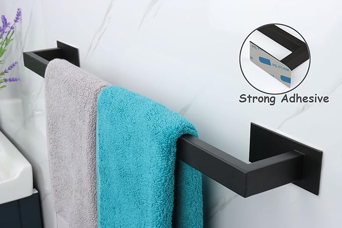 Bathroom Towel Bar Self Adhesive, No Drilling Towel Rack Easy to Install, Hand Towel Holder Made of Premium Stainless Steel Sticky on Hand Towel Hanger for Kitchen, Toilet.(24IN, Black)