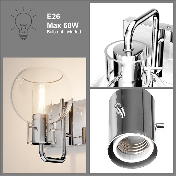 Tipace Chrome Vintage Bathroom Vanity Light,2 Lights Modern Stainless Steel with Globe Clear Glass Bathroom Light Fixtures Industrial Wall Mount Lighting Sconce(Exclude Bulb)