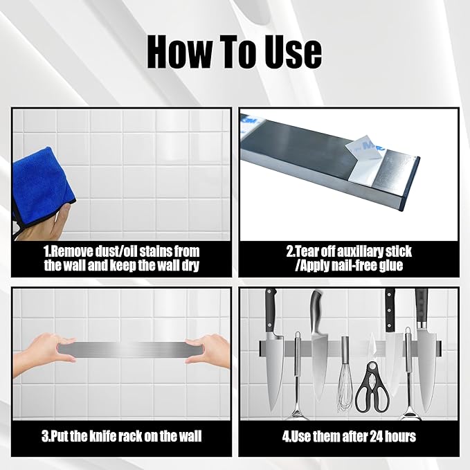 Magnetic Knife Holder for Wall - 12 Inch Stainless Steel Magnet Knife Strip No Drill with Adhesive Tape, Magnetic Knife Bar for Kitchen Utensil Organizer