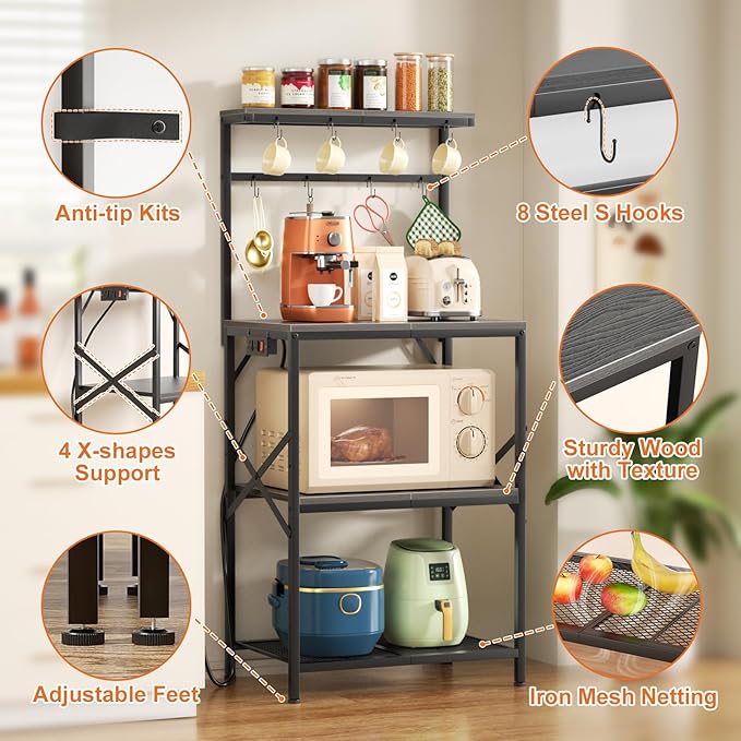 Kitchen Bakers Rack with Power Outlet, Small Coffee Bar Cart 4 Tiers, Microwave Stand with 8 Hooks, Adjustable Shelf, Freestanding Kitchen Appliance Stand, Black Oak