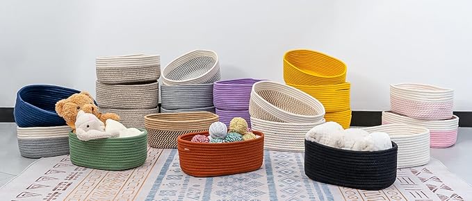 CubesLand Rope Woven Storage Baskets, Small Baby Nursery Organizer Basket, Rectangular Organization/Storage Bins, Closet Shelves Baskets,Empty Gift Basket 3 Packs, Yellow