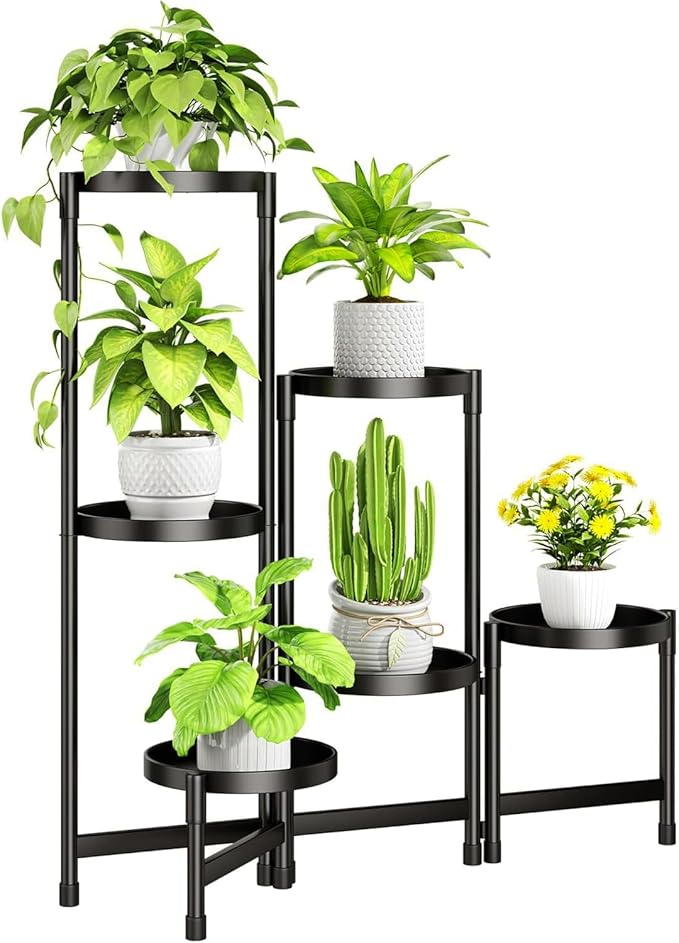 Plant Stand Indoor Outdoor with Metal Tray 6 Tiered Corner Plant Holders for Folding Plants Flower Pot Holder Display Stand for Living Room Balcony Garden-Black