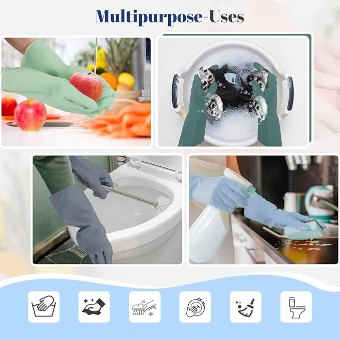 Rubber Kitchen Dishwashing Gloves - 4 Pairs Colorful Reusable Household Cleaning Gloves For Washing Dishes And Cleaning Tasks,Flexible And Durable Waterproof (Large, Dark Green+Blue+Green+Gray)