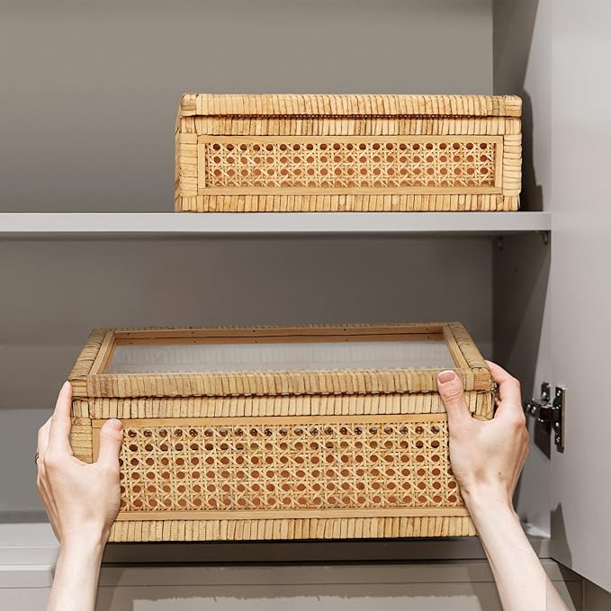 Amyhill Set of 2 Rattan Box Rattan with Glass Lids Decorative Woven Cane Boxes Multipurpose Square Basket for Home Shelf Organizer(15.4 x 9.5 x 7.1 Inch, 12.6 x 6.7 x 4.3 Inch)