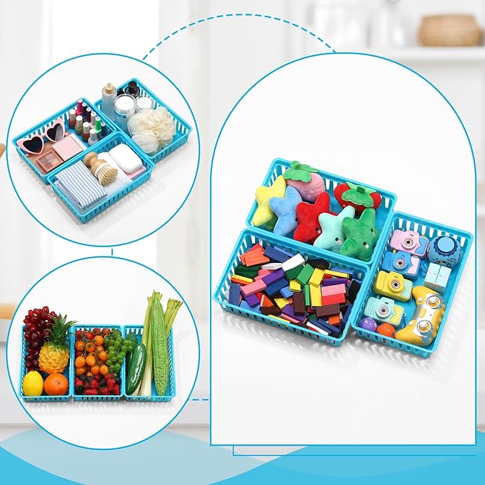 Wenqik Set of 12 Small Plastic Baskets for Organizing 10.24 x 6.5 x 2.36 Inch Pharmacy Baskets Rectangular Trays Plastic Organizer for Office Pharmacy Dorm Kitchens, Closets Shelves(Blue)