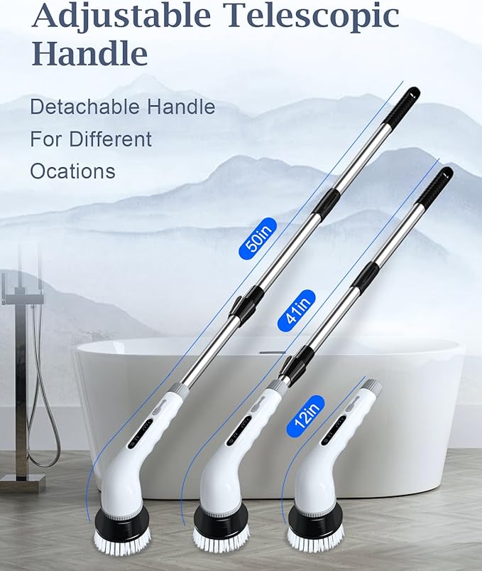 Electric Spin Scrubber, Shower Scrubber Cordless Cleaning Brush with 8 Replaceable Brush Heads and Squeegee,Adjustable Extension Handle 2 Speeds Electric Cleaning Brush for Bathroom, Tub, Tile,Kitchen