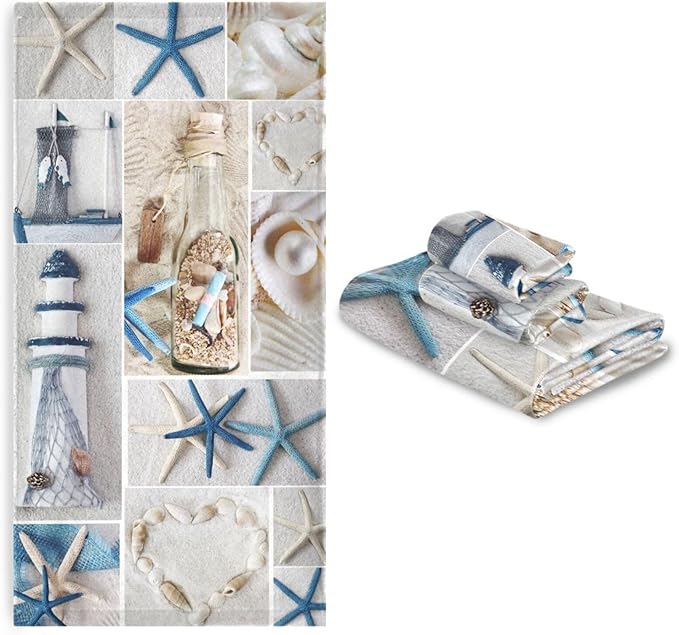 Nautical Beach Themed Bath Towels Set,Absorbent Soft 3 Piece Coastal Blue White Starfish Lighthouse Towels for Bathroom,1 Bath Towel 1 Hand Towel 1 Washcloth,Decoractive Guest Bathroom Towels