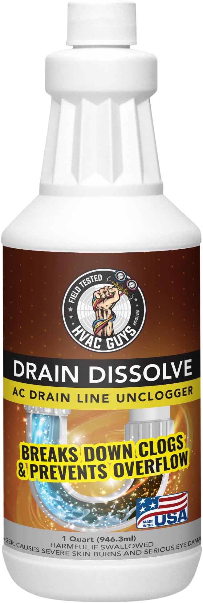 Drain Dissolve | AC Drain Line Cleaner & Unclogger | Heat Generating Alkaline Formula | Prevents Overflow | Clears Hair, Grease, Gunk - 32oz
