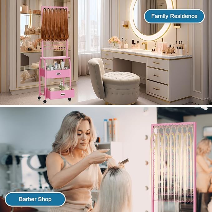 Portable Braiding Hair Rack with Wheels & Storage Drawers,2-Sided 288 Pegs,Hair Extension Holder Hanger for Braiding Hair Separator Stand Display,Hair Rack with Stylist Hair braiding Tools(Pink)