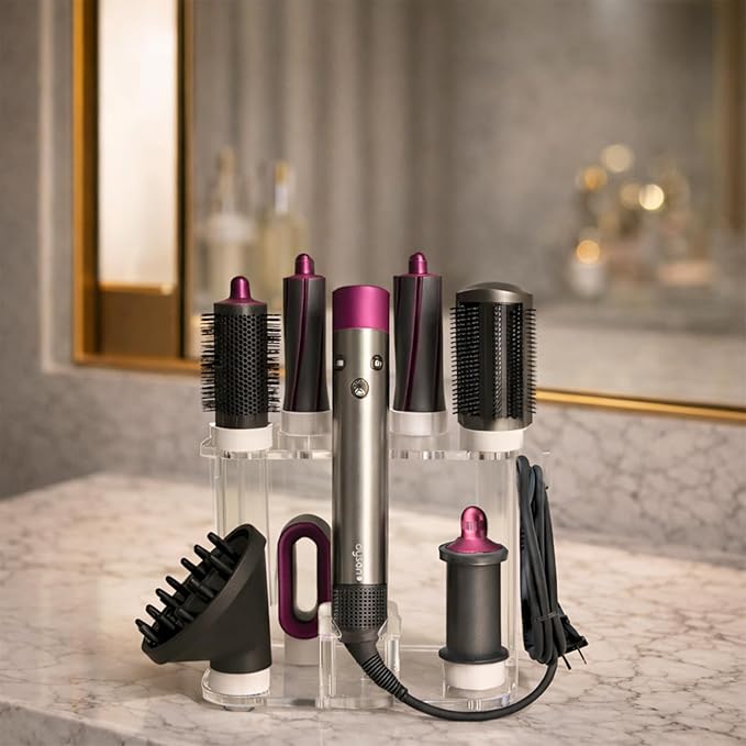 Dyson Airwrap Holder, Dyson Airwrap Organizer with 8 Slots, Clear Acrylic Stand for Shark Hair Dryer Holder, Wall-Mounted or Freestanding with Silicone Pads Bathroom Vanity Table