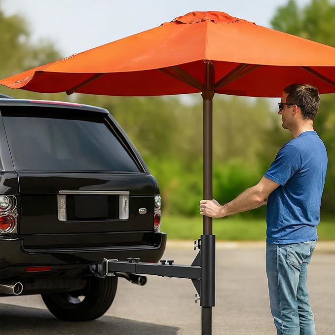 Heavy Duty Hitch Mount Umbrella Holder Adjustable Length Umbrella Holder Fits 1" to 2" Poles Mount Umbrellas Stand for Large Patio & Outdoor Umbrellas, Tailgates, Camping, Outdoor Gathering