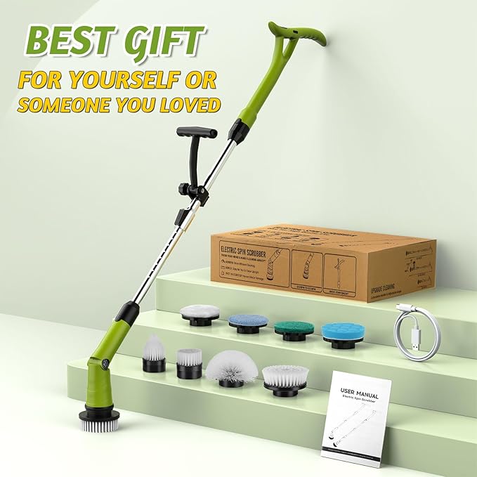 Electric Spin Scrubber, Cordless Cleaning Brush with 8 Brush Heads, 3 Speeds, LCD Display, and Adjustable Extension Handle, IPX7 Waterproof Power Scrubber for Tub Bathroom Floor Tile (Green)