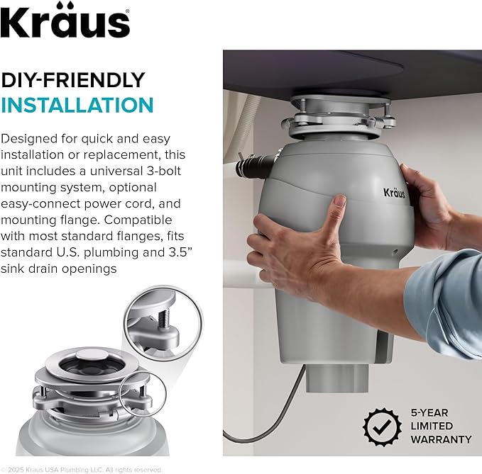 KRAUS WasteGuard 1 HP Continuous Feed Garbage Disposal with Ultra-Quiet Motor for Kitchen Sink with Power Cord and Flange Included, KWD201-100MCG