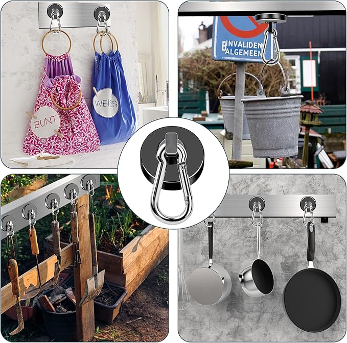 MIKEDE Strong Magnetic Hooks Heavy Duty, 110LB+ Swivel Neodymium Magnets with Carabiner Hook Black, Magnets with Hooks for Hanging, Magnet Hooks for Curtain, Home, Workplace - 6 Pack