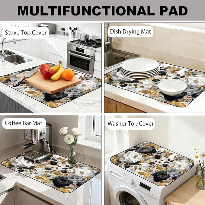 Glass Stove Top Covers for Electric Stove, Heat Resistant Counter Protector Mat, Non Slip Waterproof Surface Cover for Kitchen Counter and Cooktop (Gold Floral, 28"L x 20"W)