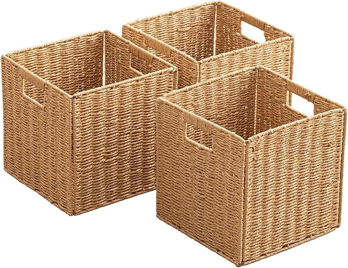 10.5x10.5'' Cube Storage Baskets, Set of 5 Natural Paper Rope Multipurpose Collapsible Organizers, Woven Laundry Totes for Laundry, Storage Cubes,Wicker Baskets Laundry Organizer Totes for Home