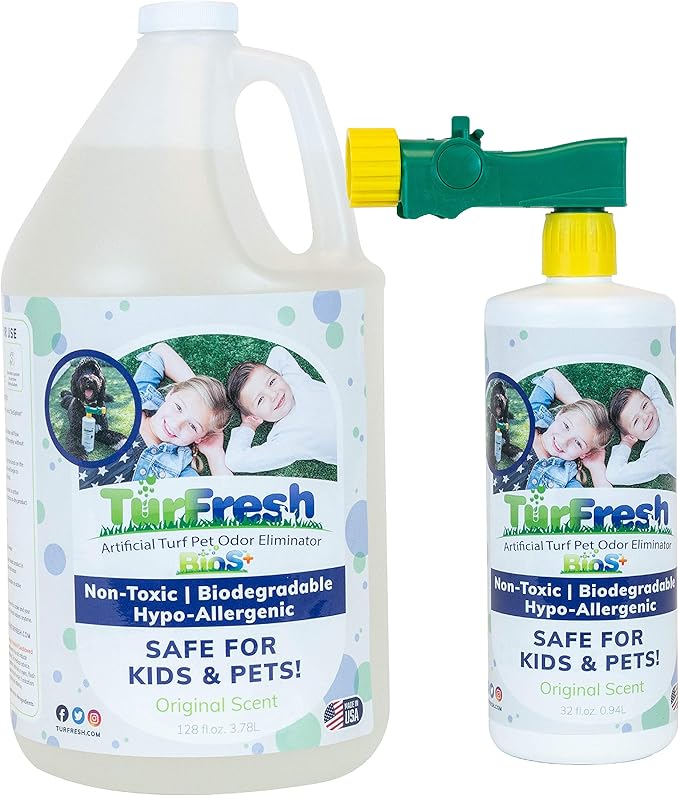 TurFresh BioS+ Artificial Turf Odor Eliminator Value Pack – Yard Deodorizer – Enzyme Concentrate for Pet Urine & Feces – Safe for Kids & Pets – 1 Gallon & 32 oz Bottle Sprayer, Original Scent