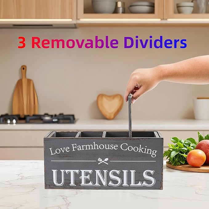 Kitchen Utensil Holder,Farmhouse Wooden Utensil Holder For Kitchen Counter,Extra Large Cooking Spatula Organizer,Big Storage With 4 Compartments Flatware Spoon Tool Cutlery(Grey)