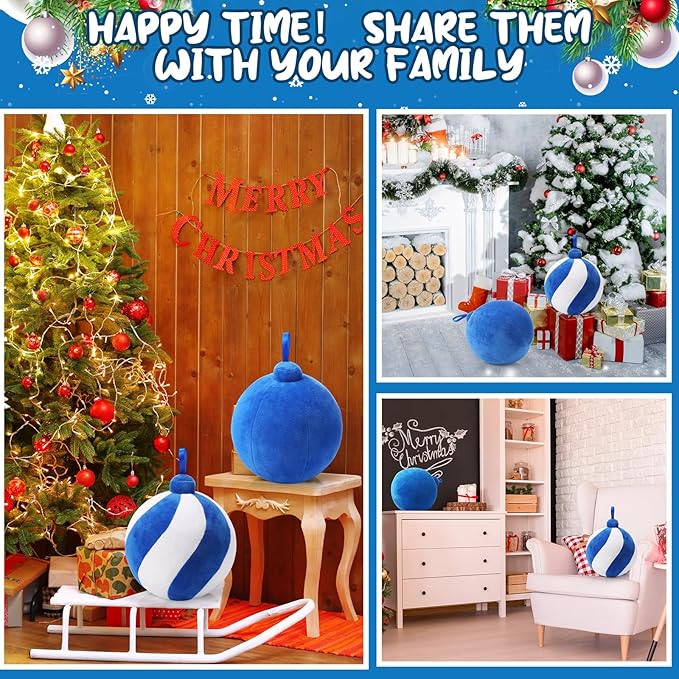 2 Pcs Christmas Pillows 7 Inch Round Christmas Ornament Shaped Throw Pillow Cute 3D Ball Xmas Throw Cushion Decoration for Bed Couch Sofa Chair Living Room(Blue and White)
