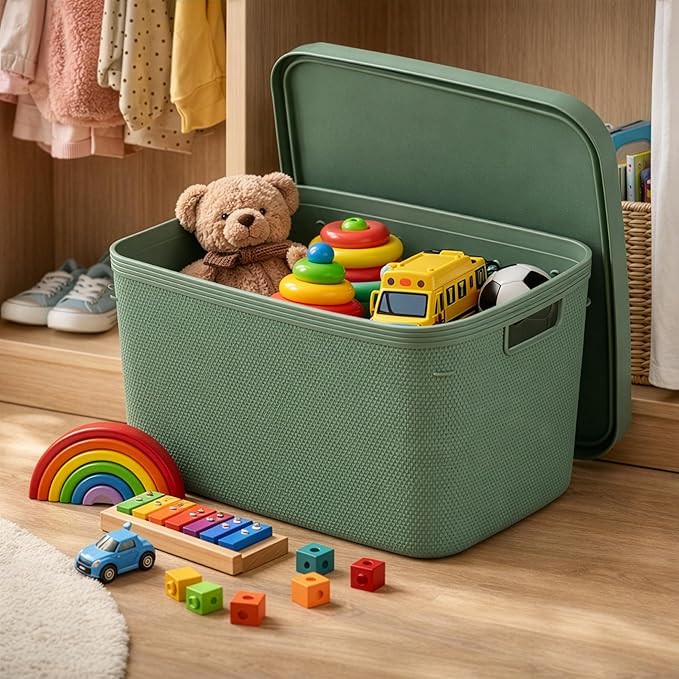 BINO | Plastic Storage Bins with Lids, 20 Liter - 3 Pack, Desert Green | THE TWILL COLLECTION | Plastic Bins for Organization | Woven Storage Baskets for Organizing | Pantry Shelf Organizer Basket Bin