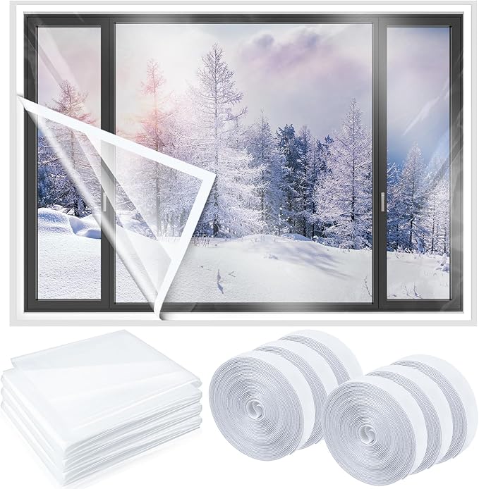 3 Set 75 x 79 Inch Window Insulation Kit Winter Window Plastic for Winterizing Home Cuttable Transparent Film with Adhesive Straps Reusable Thicken Thermal Waterproof Attic Cover Warm