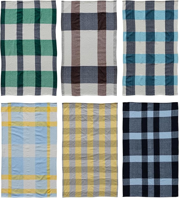 Creative Co-Op 6-Piece Printed Microfiber Tea Towel with Gingham Pattern, Multicolor
