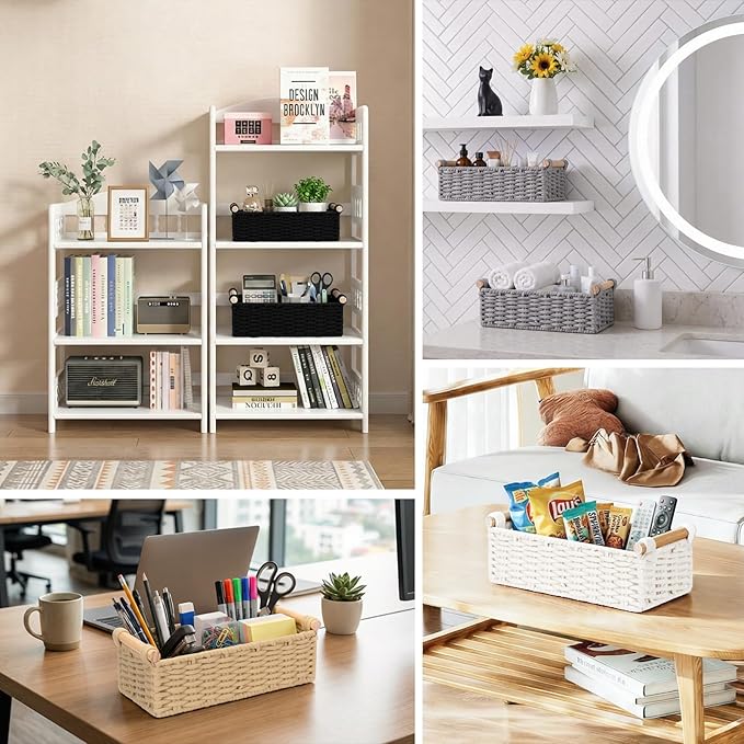 Boho Cotton Rope Storage Baskets Set of 2, Woven Wicker Organizer Bins with Wooden Handles, Small Decorative Boxes for Organizing, Toilet Paper Baskets for Bathroom Countertop, Shelves (White 2 Pack)