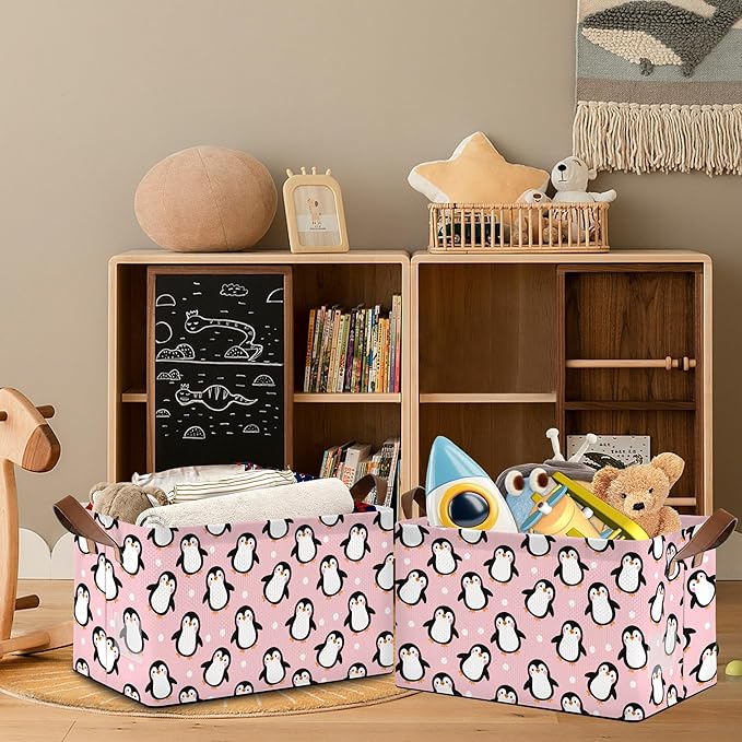 Cute Penguin Collapsible Storage Box,Organizer Bin with Handles for Room Decoration,Bins Book Basket Box 17x11.5x10Inch