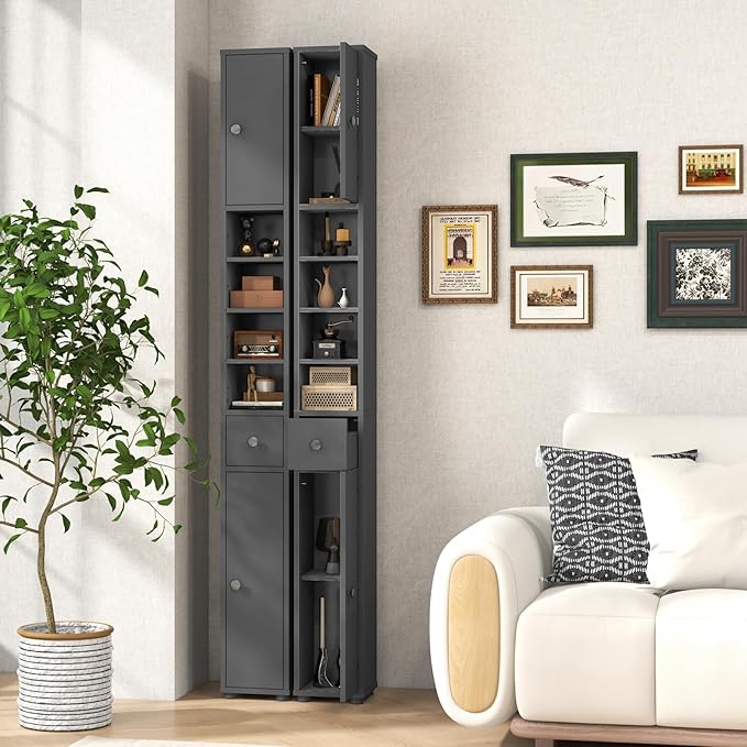 GOFLAME 71” Tall Bathroom Storage Cabinet, Narrow Freestanding Organizer with 1 Drawer, 2 Doors & 5 Open Shelves, Slim Bathroom Cabinet for Small Space, 8" x 8" x 71", Grey