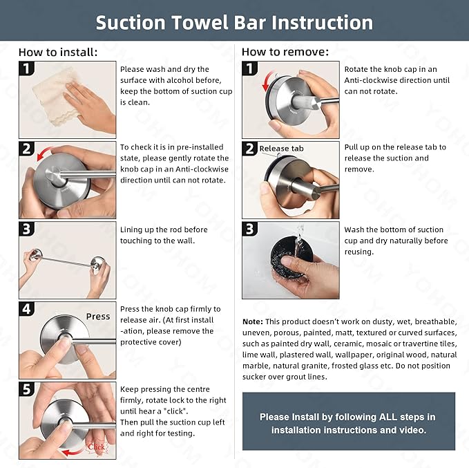 YOHOM Suction Cup Towel Bar for Shower 17 Inch Stainless Steel Bathroom Towel Rack Suction Washcloth Holder Vacuum Hand Towel Bar for Glass Shower Door Removable Towel