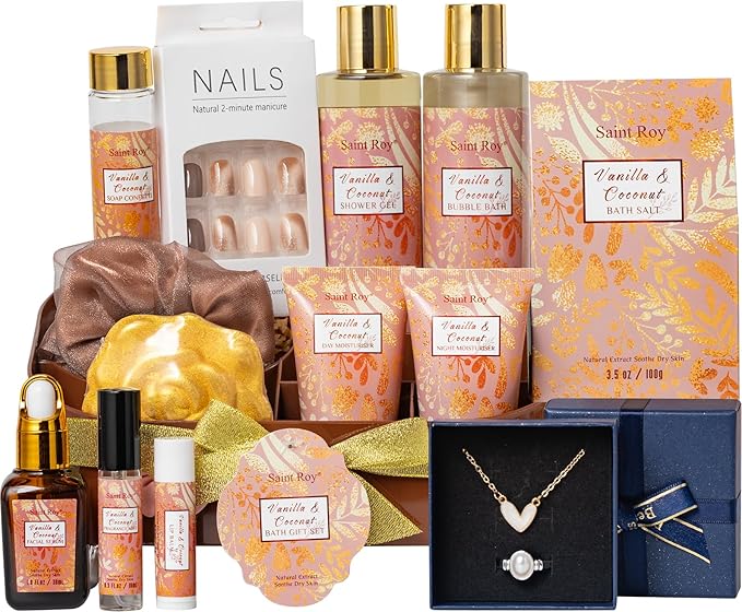 Valentines Day Gifts Luxury Gifts for Women, 16 Pcs Spa Gifts for Woman of Coconut Vanilla Scents Skin Care Kit, Facial Kit with Face Day Cream, Night Cream, Skincare Set in Makeup Storage Box