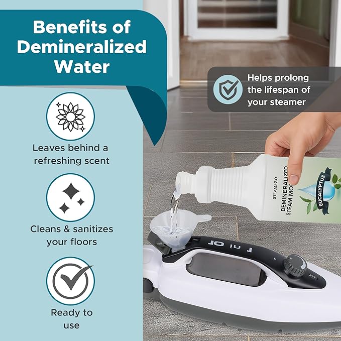 Steam & Go Demineralized Water for Steam Cleaner, PVC-Free Floor Cleaner Liquid Compatible with Any Steam Mop, Ready-to-Use Multisurface Cleaner, Scented, Eucalyptus Mint, 32 oz, Pack of 18